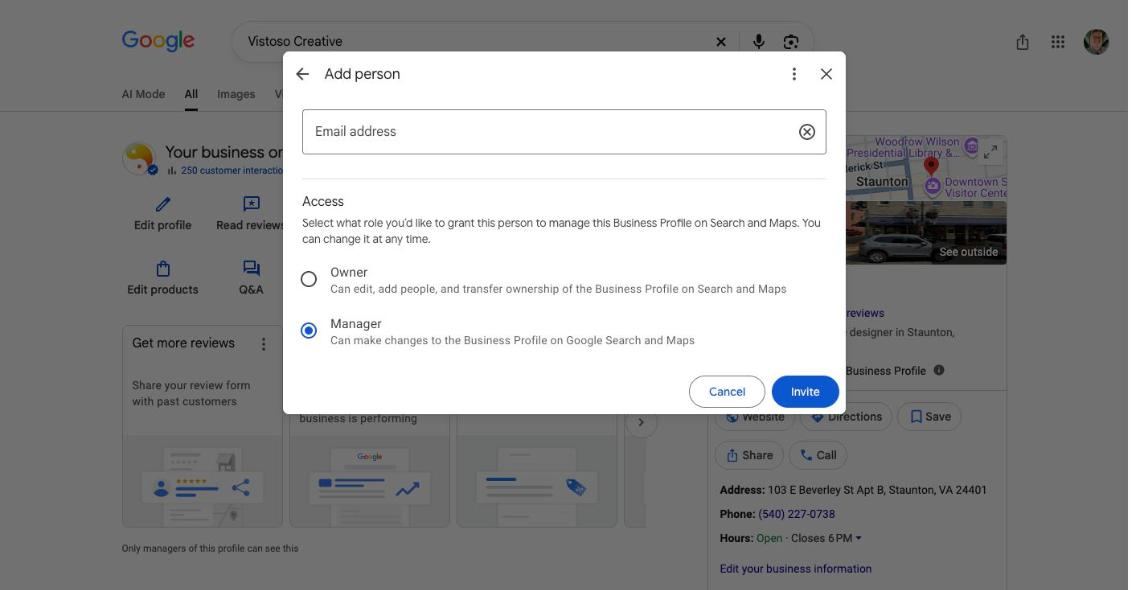 The add-person dialog in Google Business Profile, with an email address field and the Owner and Manager role options
