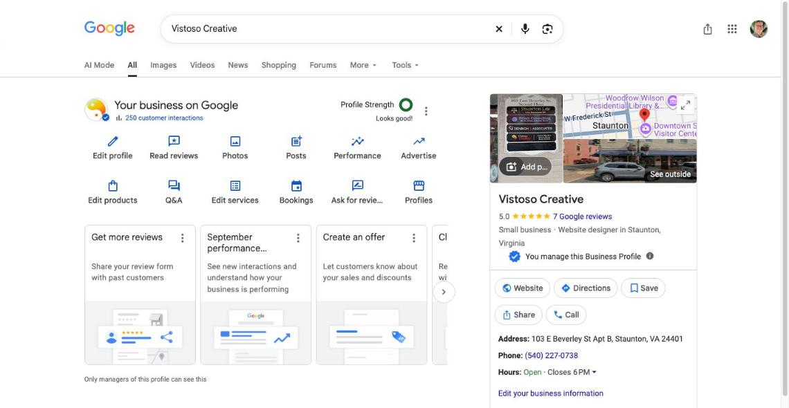 Google Search results for a business name, showing the Business Profile management panel that appears when you're signed in as an owner