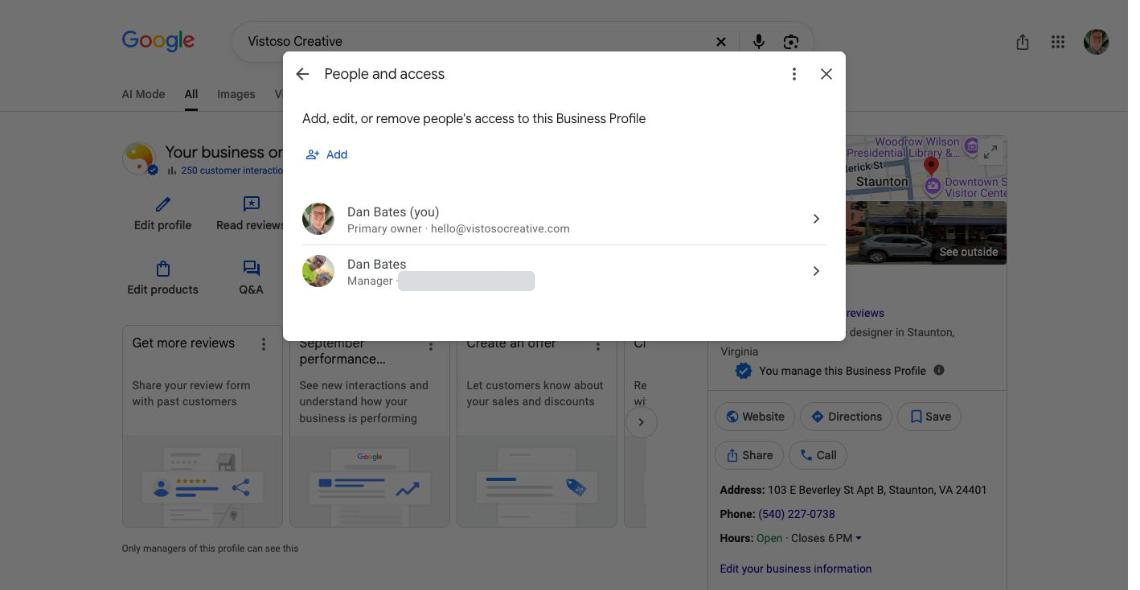 The people and access screen in Business Profile settings, listing who has access to the profile and the Add button