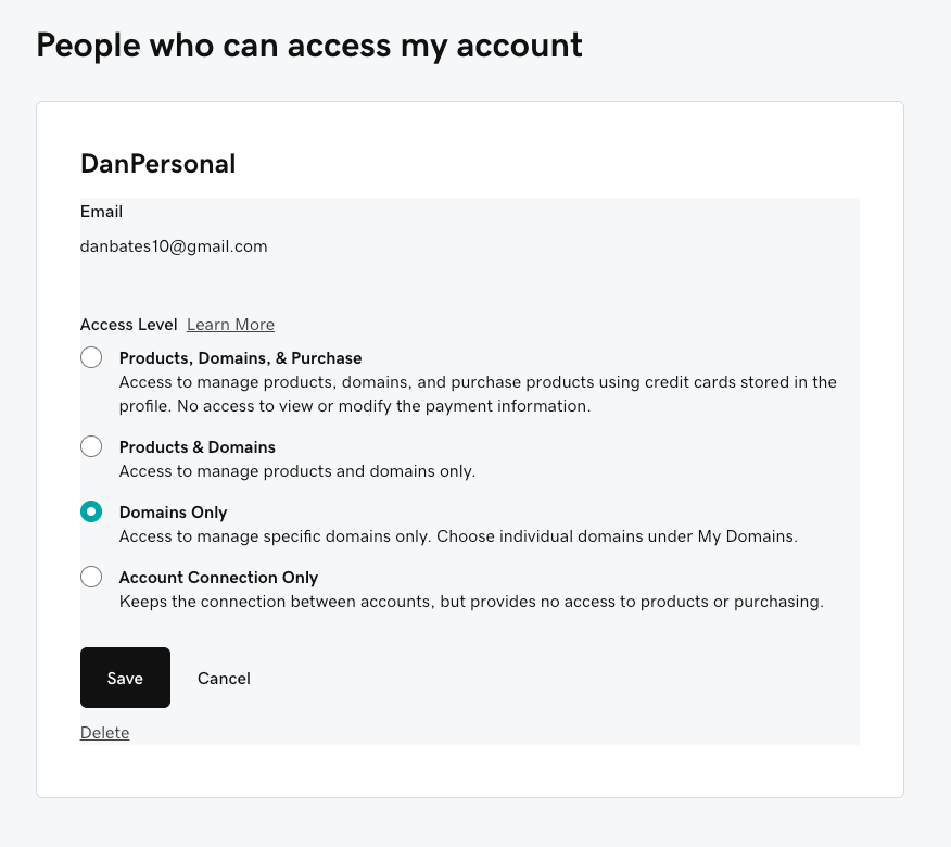 The delegate detail view showing all four access levels and the Delete link