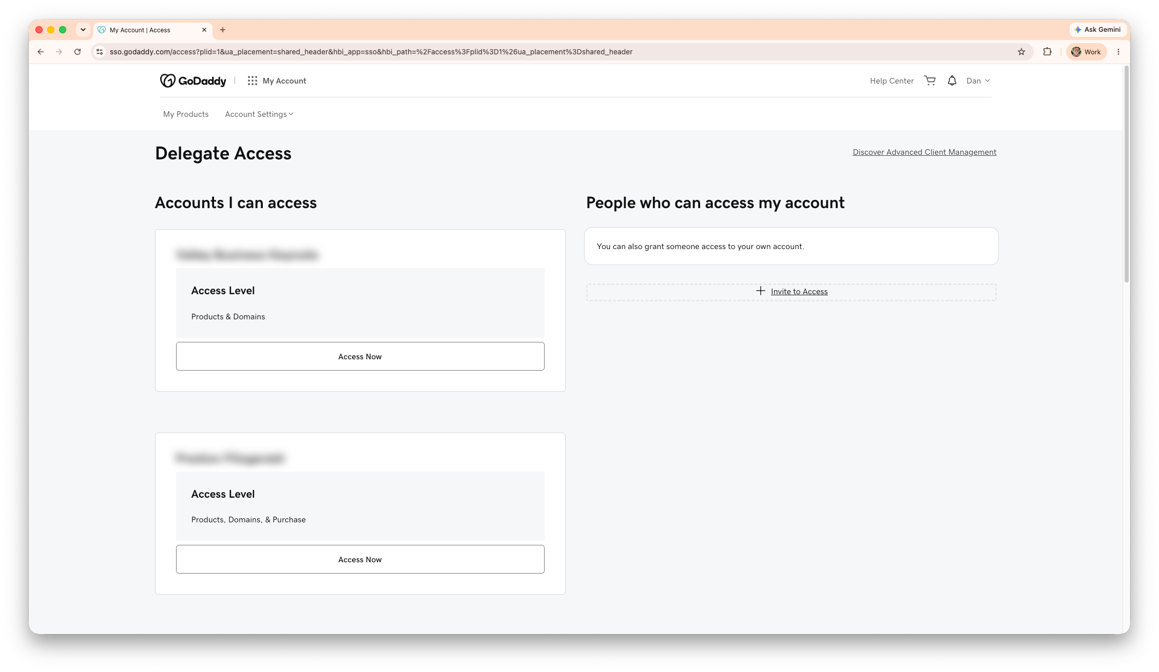 The GoDaddy Delegate Access screen, showing the two halves: accounts you can access on the left, people who can access your account on the right