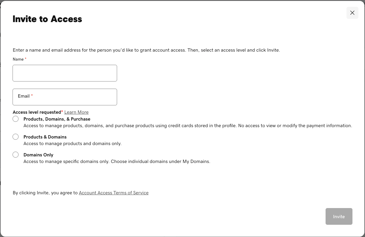 The Invite to Access form with the three access levels: Products, Domains, and Purchase; Products and Domains; and Domains Only